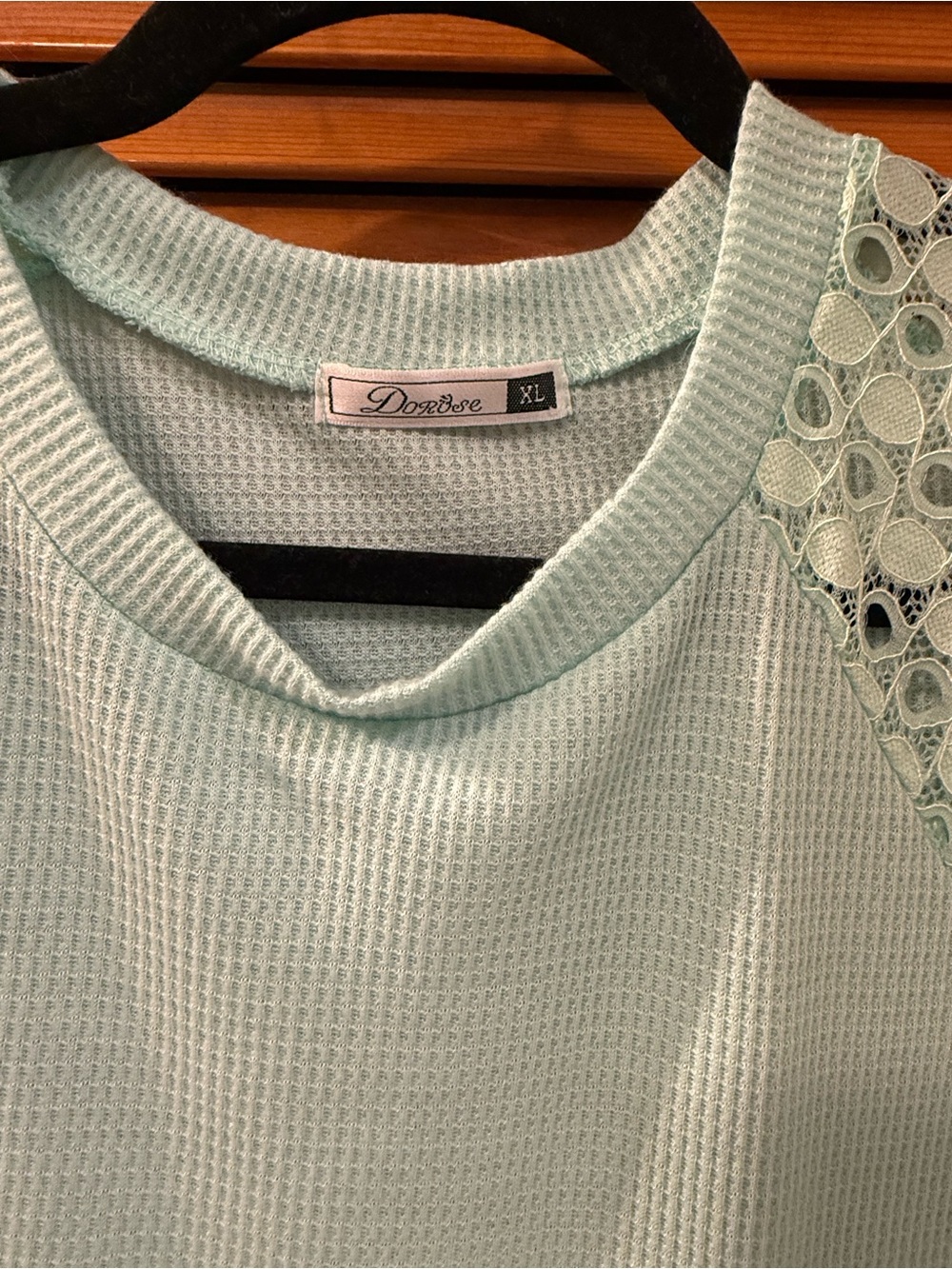 Mint Waffle-Knit Top with Lace Shoulder